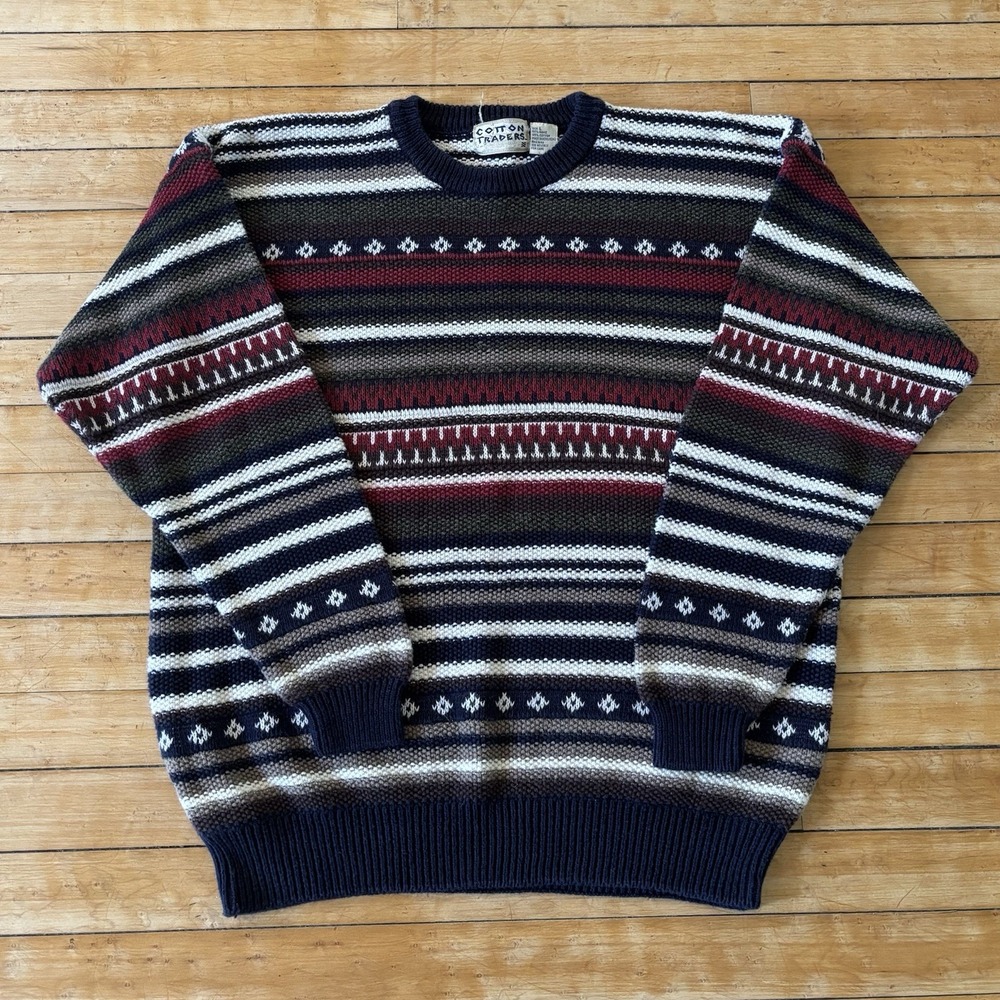 VTG 90s Grandpa Sweater Colorful 3D Knit Heavyweight Size L Cotton Traders